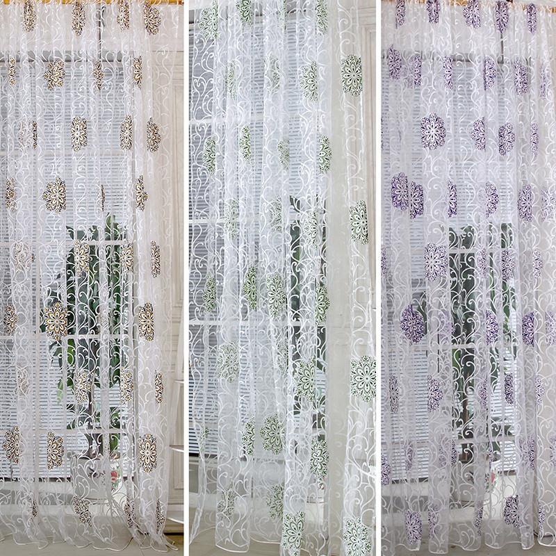 

Floral Print Translucent Elegant Tulle Curtains Hanging Room Floral Panel Applique Scarf Door Decoration Living Room Bedroom