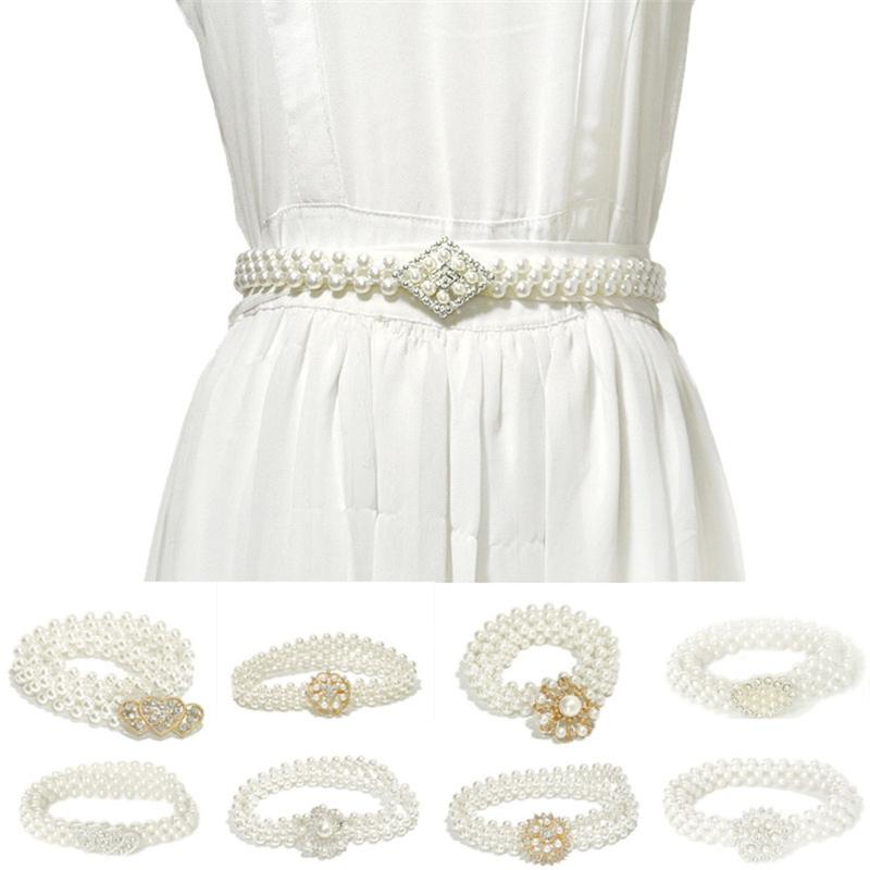 

Elegant Women Pearl Crystal Belt Waist Flower Elastic Buckle Chain Cummerbunds Female Girls Dress Crystal Strap Waistband #H, Black