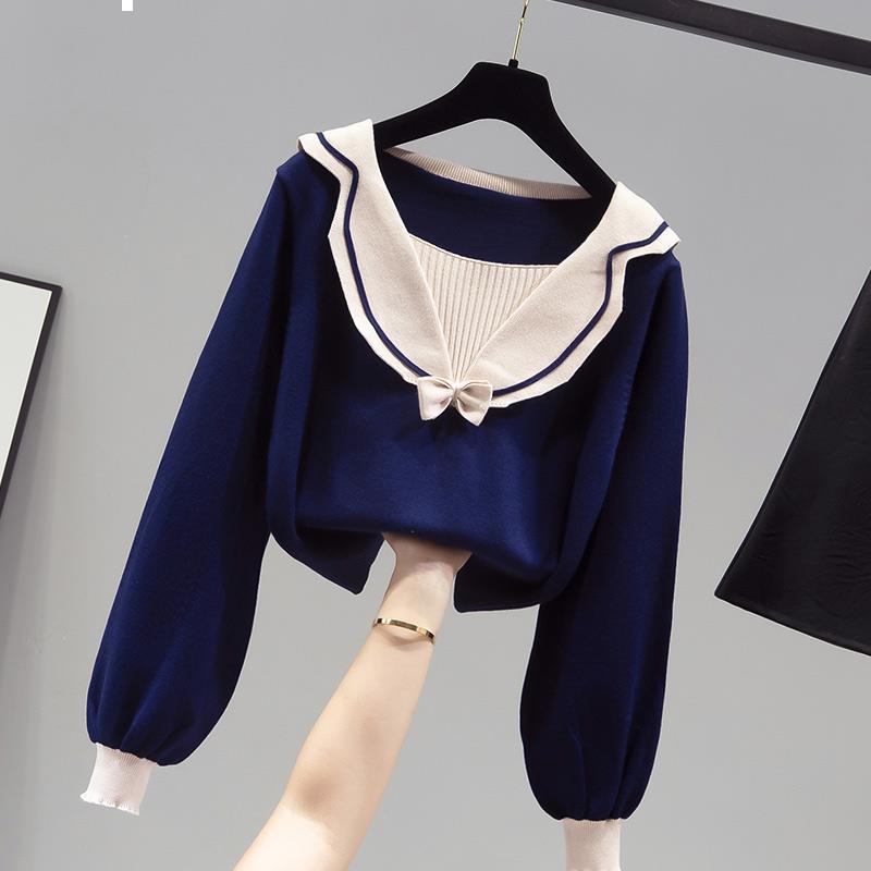 

2021 New sweet female-style pullover with low-cut blue-red short-black-blue nice bow short sweater y513 32V5, Hong