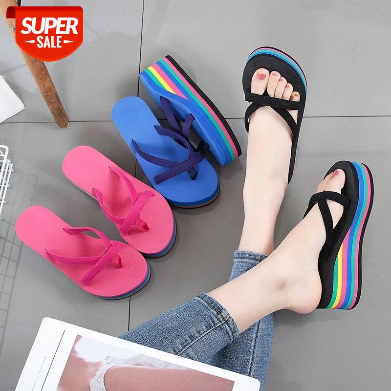 

Summer New Wedge Flip flop Women Slippers Color Matching Rainbow Bottom High-heeled Slippers Non-slip Beach Shoe Sandals T02 #9V3p, Black