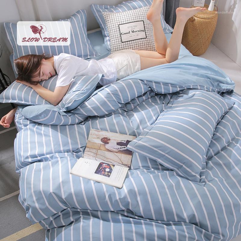 

SlowDream Geometry Striped Blue Bedding Set Double Quilt Cover Nordic Flat Sheet Pillowcase Bedclothes Home Decor Bedroom Gift1