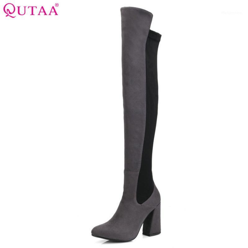 

QUTAA 2020 Mixd Color Women Over The Knee High Boots Platform Square High Heel Pointed Toe Winter Shoes Women Boots Size 34-431, Black