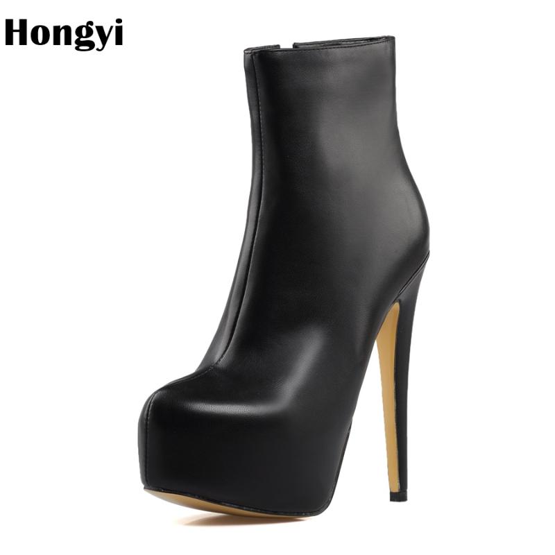 

Hongyi Fashion Black Boots Women 2020 New Autumn Side Zip Soft Leather Platform Shoes Woman Party Ankle Boots High Heels, As showed color