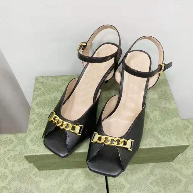 

designer retro fish beak metal chain sandals women summer stiletto Thin high-heeled shoes stiletto toe buckle cool slippers Luxury, Black