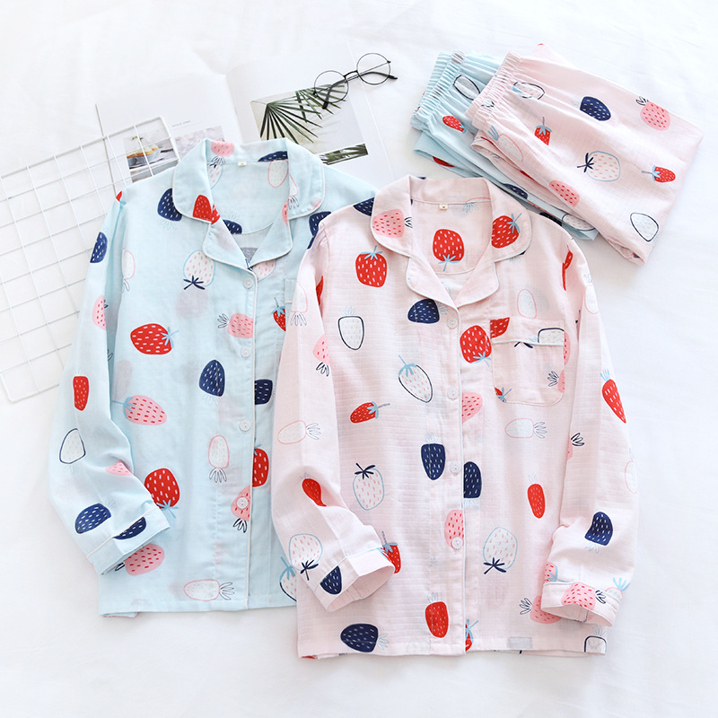 

Girls'joint Japanese Sweet Summer 100% Gauze Cotton Long Sleeve Beautiful Strawberry Girls' Pajamas Fresh G83q, White strawberry.