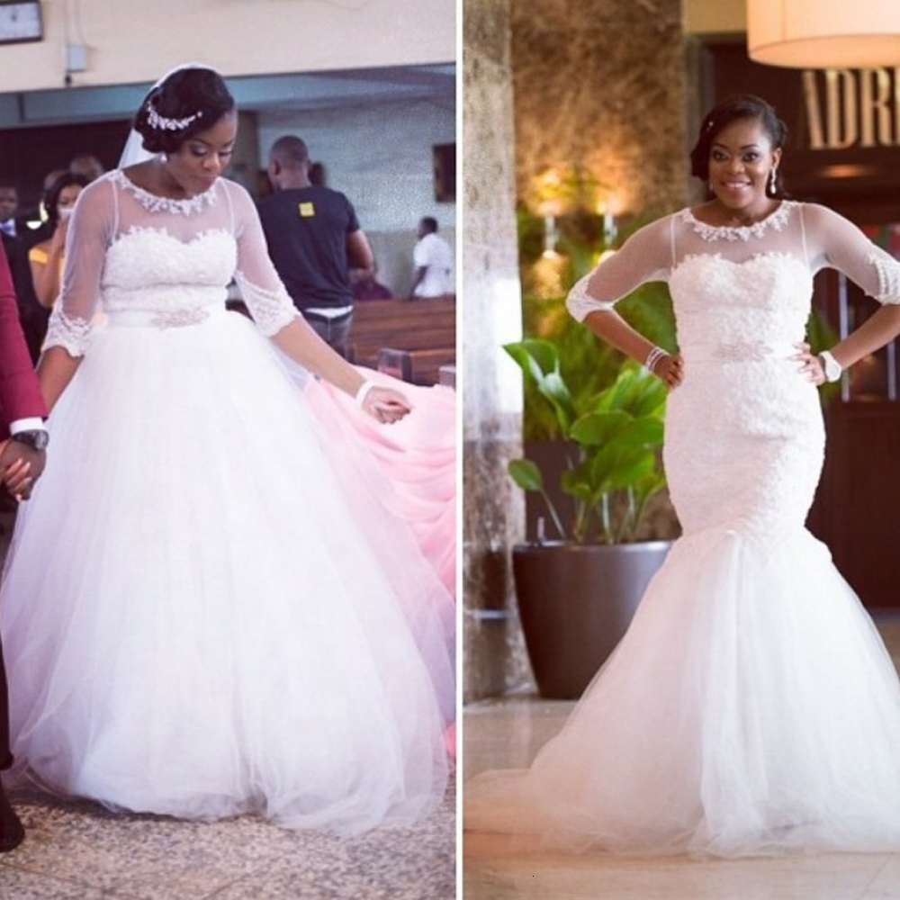 

2021 New White Vintage Wedding Gowns Such Big Extensions See Through Half African Mermaid Dressed As Bride with a Detachable Train FGMK, Ivory