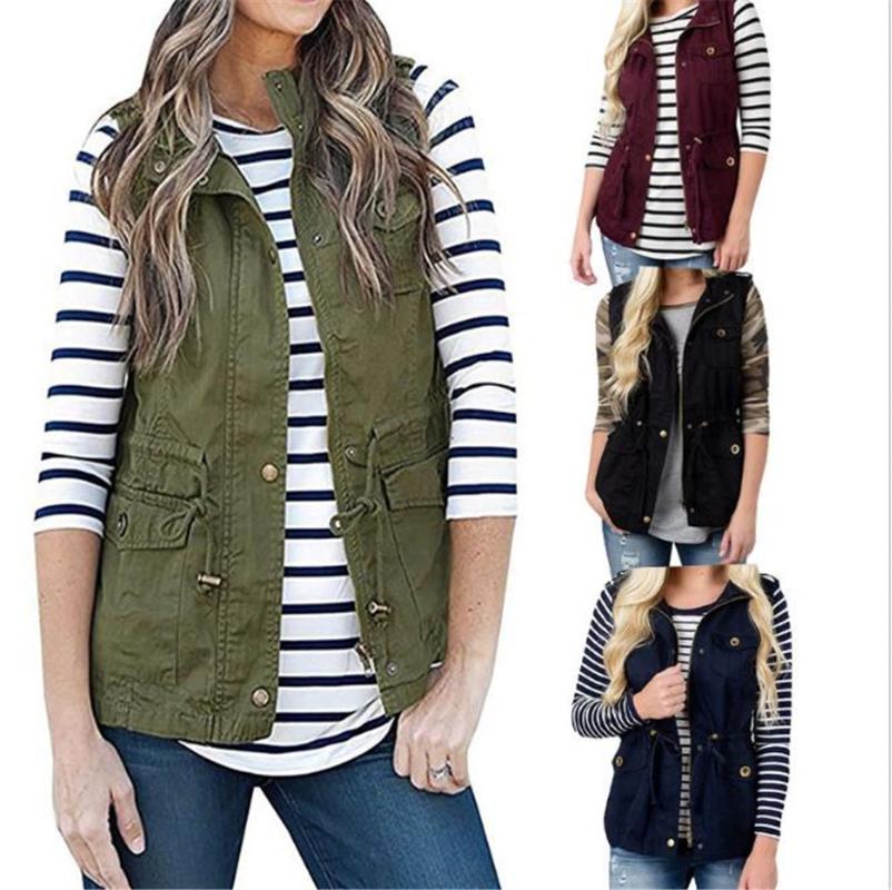 

Spring Autumn Fall Cotton Women Vest Solid Color Single Breasted Pockets Vintage Sleeveless Vest, Black