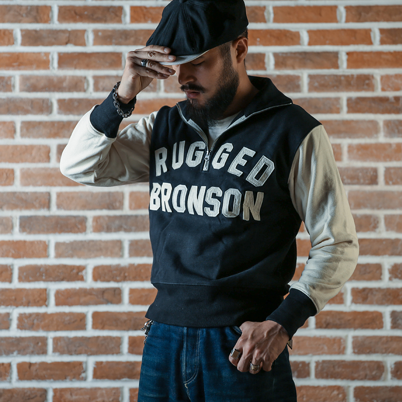 

heavyweight vintage race motorcycle 1/2 zip biker hoodie ZSB9, Black.