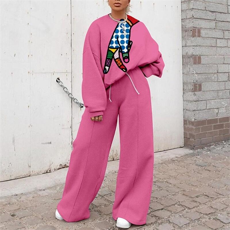 

Hand Print Loose Casual Loose Thin Sweatshirt Two Piece Set Women Tracksuit Long Sleeve O Neck Pants Plus Size Pink Tops Autumn, Yellow