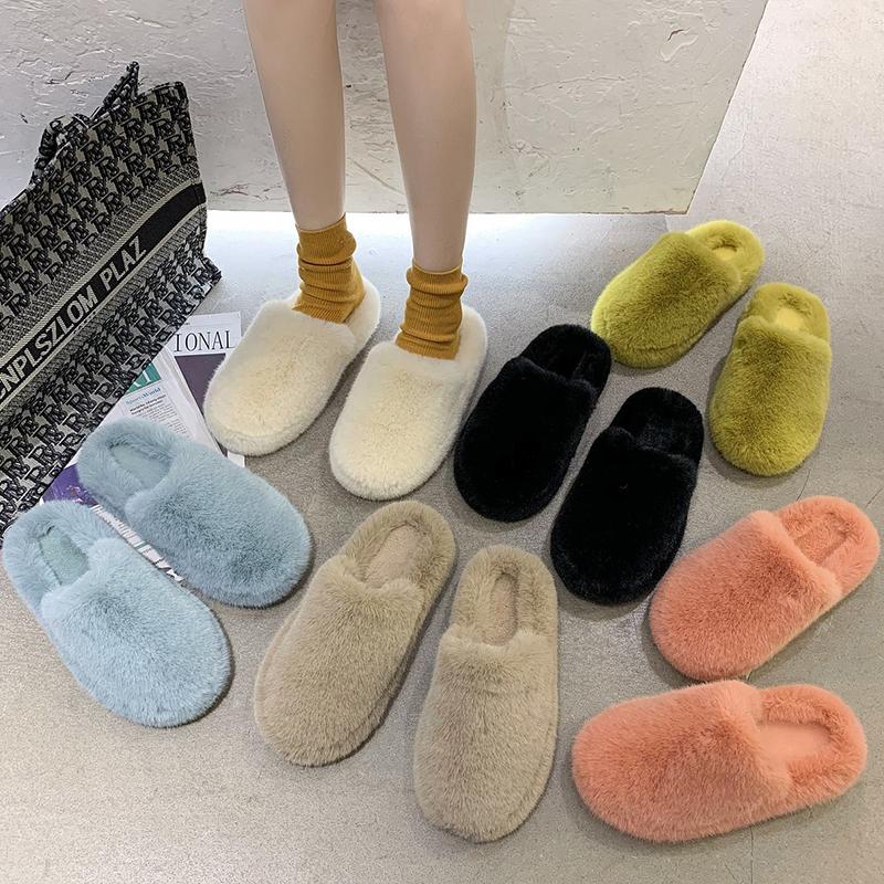 

Winter Indoor Women Half Fur Slippers Solid Color Faux Fur Warm Soft Flat Shoes Slip on Sell Well Home Bedroom Ladies Slipper, Black