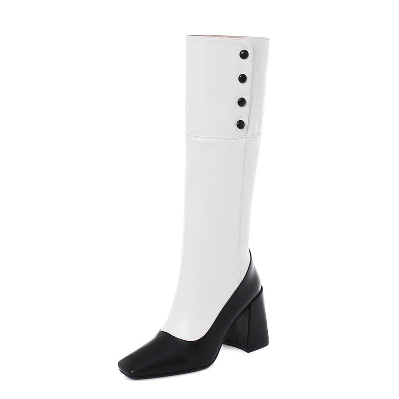 

MKKHOU Fashion Knee-high Boot Women 2020 New Winter Square Toe Matching Color Straight Thigh-high Leather Boot Winter Boots, White
