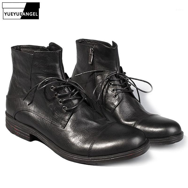 

100% Real Leather Vintage Ankle Shoes Men Casual Lace Up Zipper Work Safety Boots Men Designer Black Motorcycle Cowboy Boots1