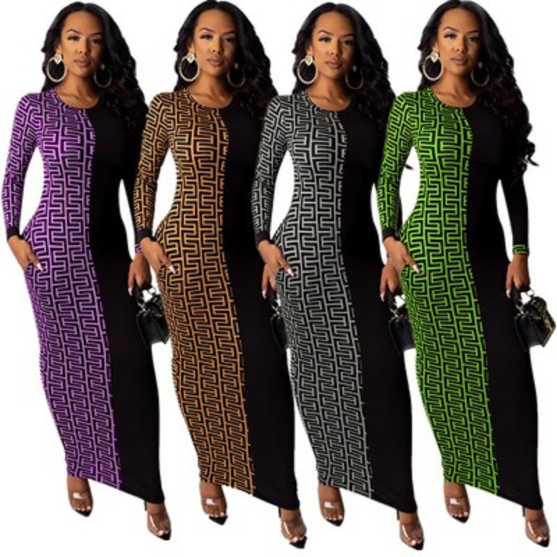 

Sexy Print Dress 2021 Spring Womens Fashion Long Style Dress Casual Dresses Womens Fashion Club Dresses Geometric Print Style, Purple