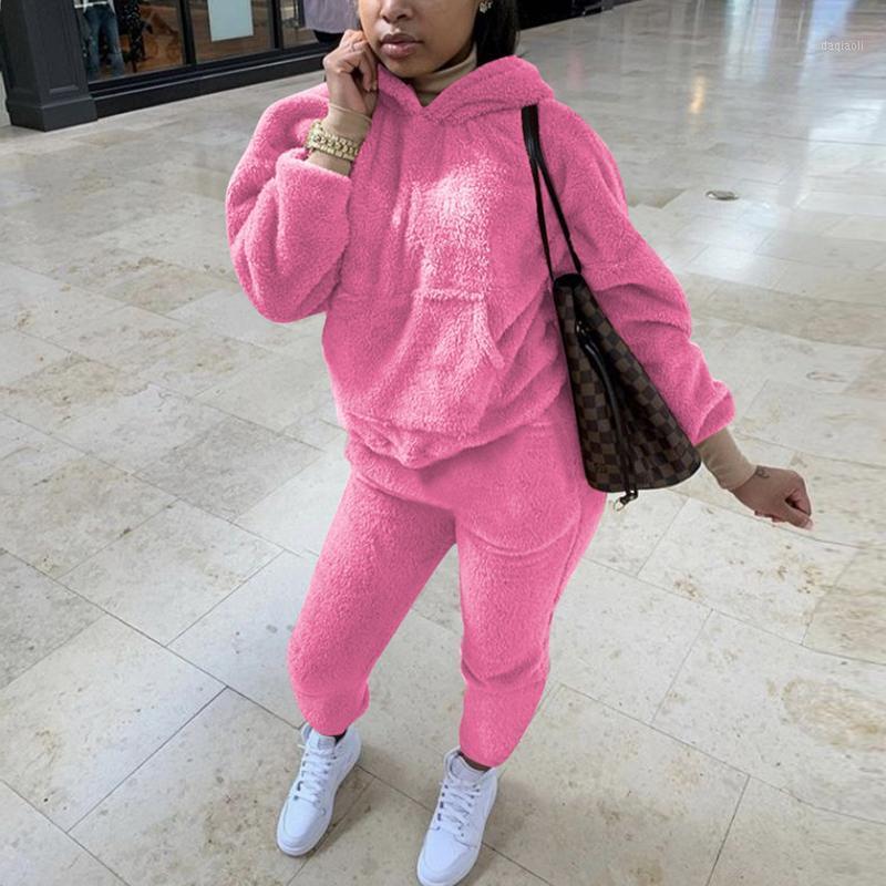 

2020 Fall Winter Solid Fleece Two Piece Set Women Long Sleeve Hooded Sweatshirts Top Sweatpants Jogging Suit Tracksuits1, Color 5
