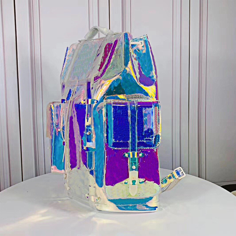 

2021 fashion luxury ladies transparent backpack comfortable casual men and women crystal model M53286, Clear