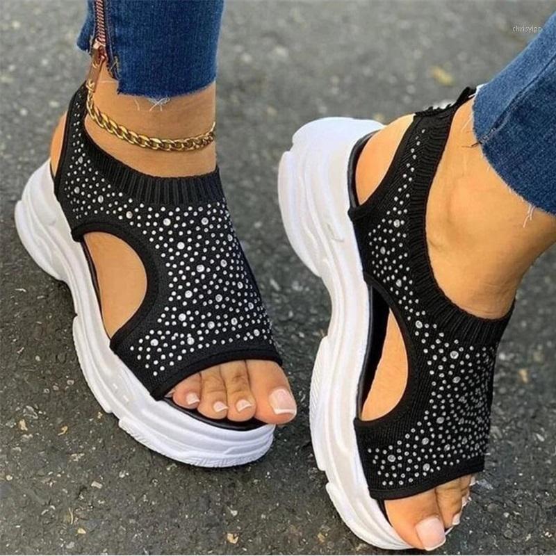 

Summer Women Wedges Shoes Knitting Open Toe Sneakers Sandals Rhinestone Platform Slip On Casual Ladies Sandals Zapatos Mujer1, Black