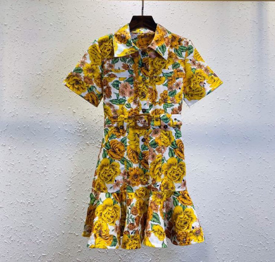 

Europe station in early spring 2021 new women' dress short sleeves socialite temperament with belt fishtail hemp skirt, Multi