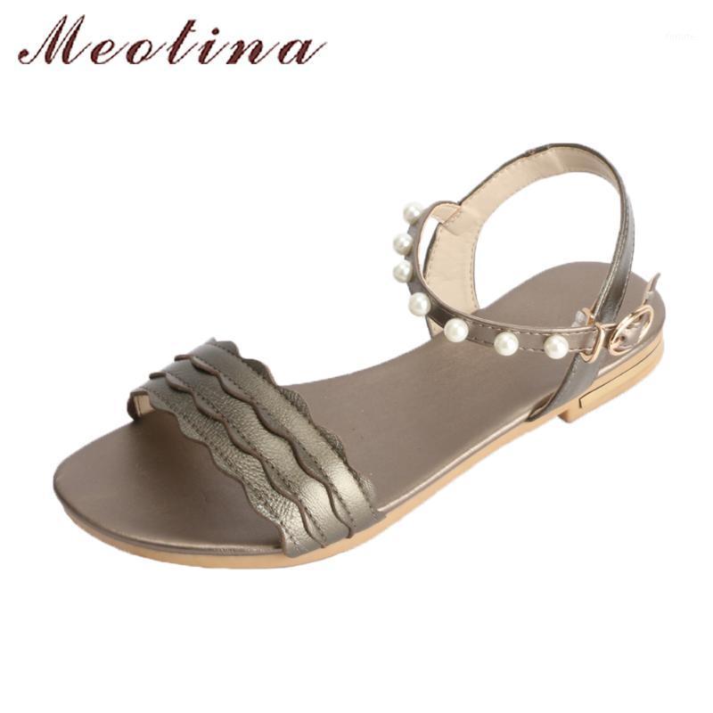

Meotina Shoes Women Genuine Leather Sandals Summer 2020 Flats Sandals Ankle Strap Shoes Pearls Beach Large Size 44 45 461, As picture