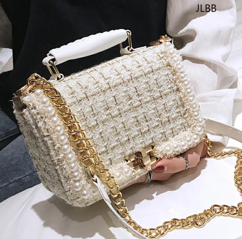 

2021 Fashion New Female Square Tote bag Quality Woolen Pearl Women's Designer Handbag Ladies Chain Shoulder Crossbody Bag Travel, Black
