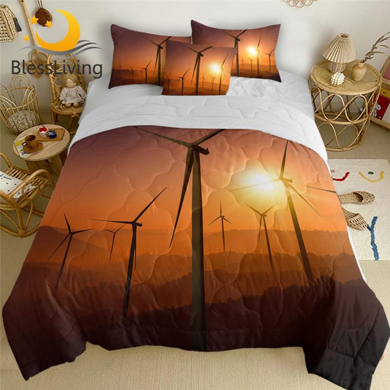 

BlessLiving Windmill Summer Quilt Wind Turbines Comforter Bed Cover Sunset Scenery Home Textiles 3D Print Sunrise Bedding 4pcs