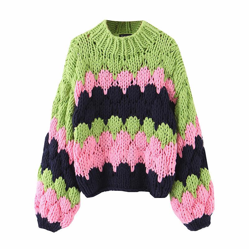 

Csmdtyjl Thick Women Pullover Sweater Winter O-neck Female Sweater Casual Streetwear Lantern Sleeve Ladies Jumper, Green