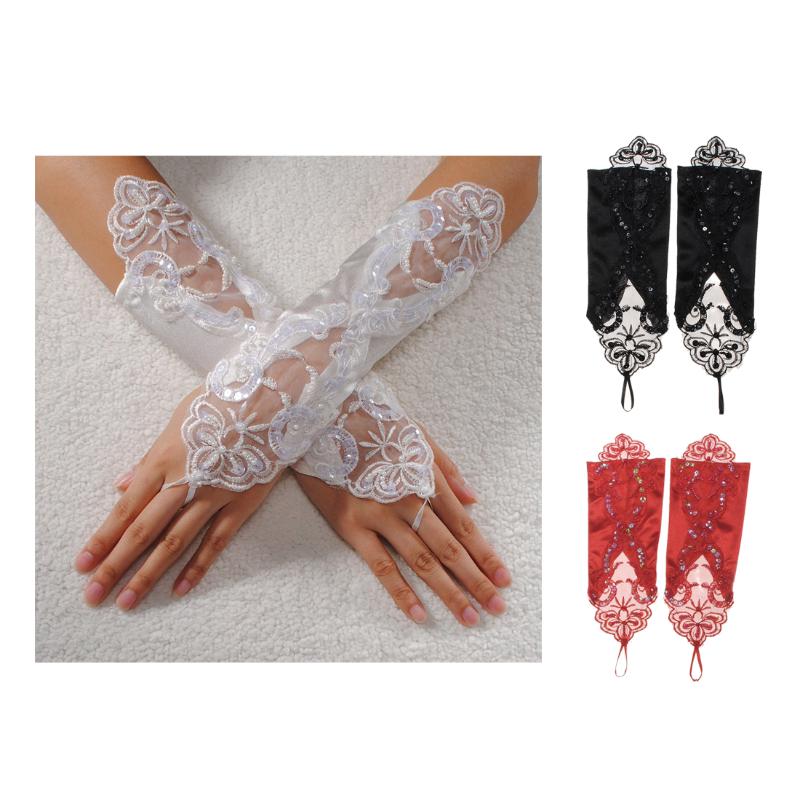

Sexy Bride Wedding Party Fingerless Pearl Lace Satin Bridal Gloves Fancy,Beige