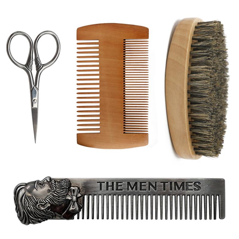 

4 pieces Wood Beard Kit Beard Brush Set Double-sided Styling Comb Scissor Repair Modeling Cleaning Care Kit