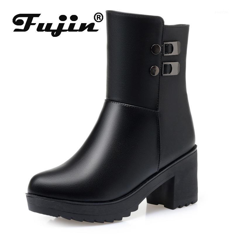 

Fujin Women's Boots Winter Short Tube Warm Design Wool Short Boots Thick Heel High Heel Low Tube Shoes Middle Aged Leather1, Black
