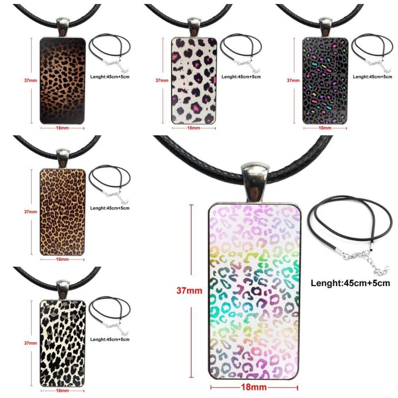 

White Beige Grey Leopard Print For Women Girls Glass Pendant Necklace Handmade Half Pendant Rectangle Necklace