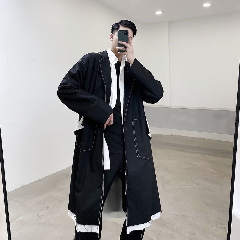 

2021 Men's Korean Streetwear Long Trench Winter New Fashion Windbreaker Hip Hop Oversized Casual Loose Black Jackets Vyy5