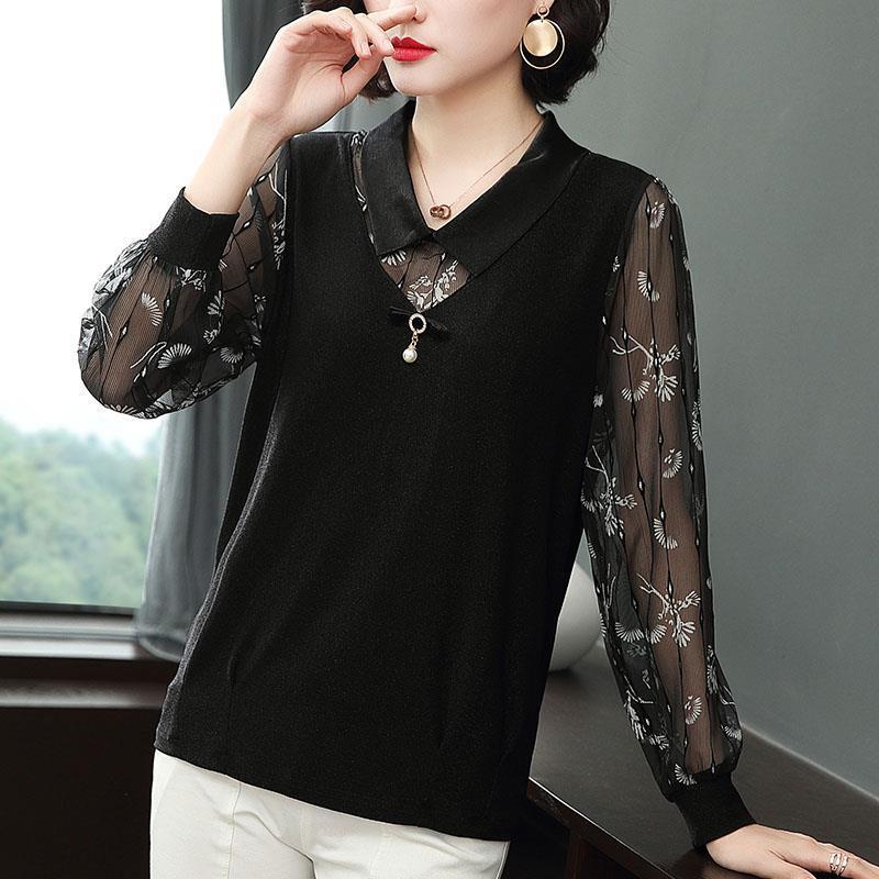 

Women Spring Autumn Style Chiffon Blouses Shirts Casual Long Sleeve Flower Printed Patchwork Blusas Tops ZZ0577, White