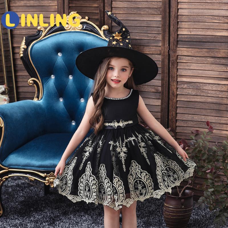 

LINLING Girls Dresses Cosplay Witch Costume Chiffon Princess Dress Kid Children Vestidos Clothes Halloween Christmas Dress V485, Black