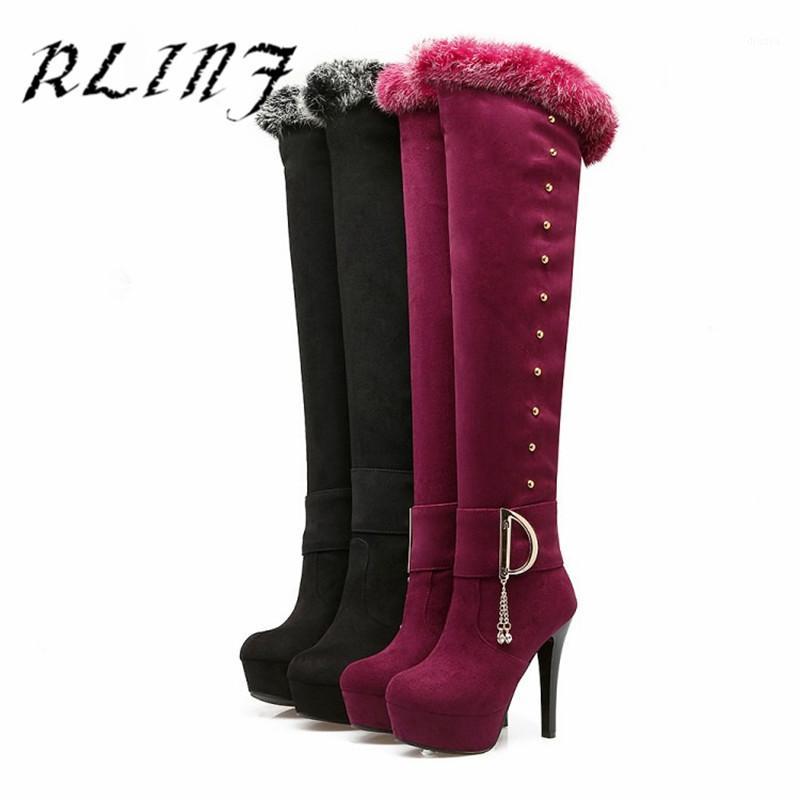 

RLINF Over The Knee Boots Rhinestone Chain Metal Decorative Plush Thick with High Heel Boots Women's Women1, Black