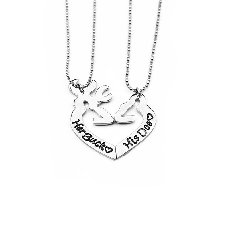 

1 Pair Deer Hunting Her Buck His Doe Necklaces Kissing Heart Minimalist Hollow Heart Shape Pendant Special Couples Gift Lovers, Silver