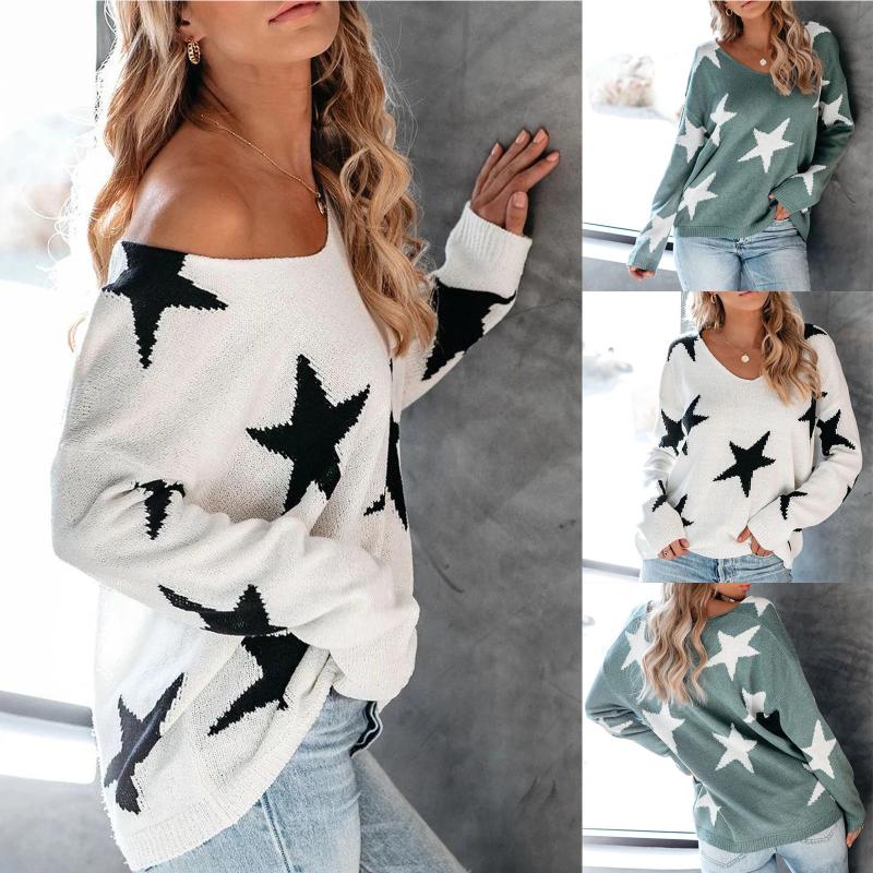 

Women Fashion Sweater Little Stars Printed Ripped loose Pullover Sweaters Crop Top Winter Casual Warm Female Knit Jumper 2020, Green