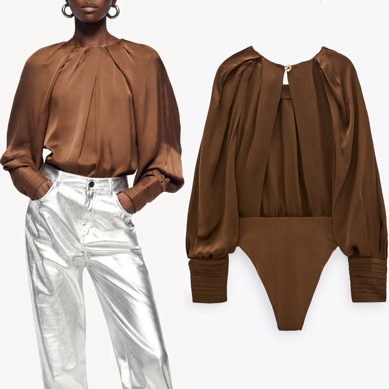 

2021 New Pleated Satin Bodysuit Women Top Fashion Autumn Winter o Neck Ruched Long Sleeve Office Ladies Vintage Elegant Bodysuits W5t9, Brown