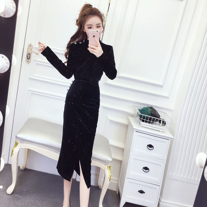 

beginning 2021 New of autumn bright velvet silk defines long sleeve upper shirt + divided skirt two girls'joint suits y454 O86F, Suit