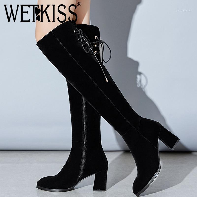 

WETKISS Flock Knee Boots Cross tied Shoes Women Black Flock Winter Boots Female Zipper Thick High Heels Woman1