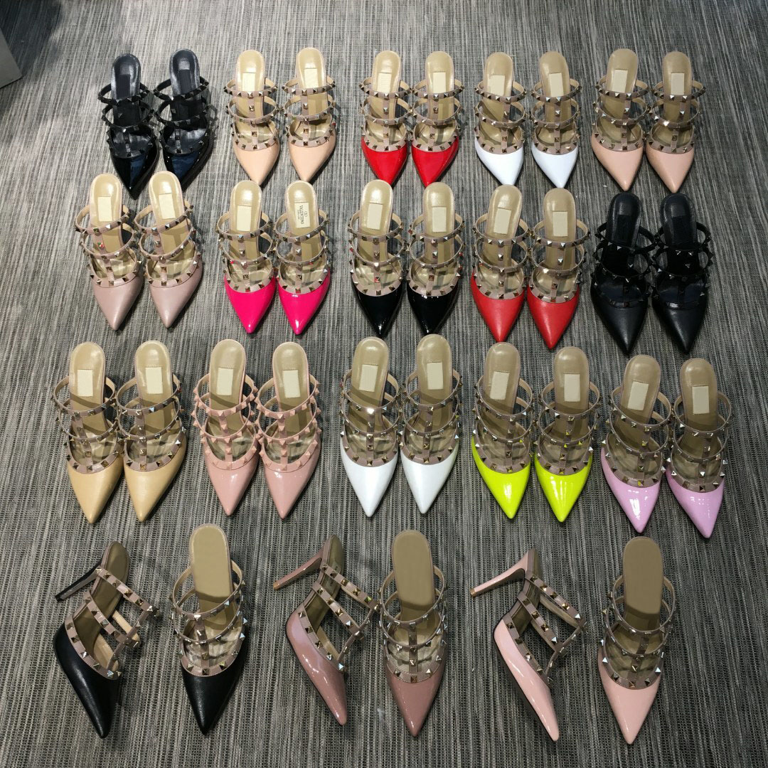 

2020 high quality European style shoes imported leather female sandals designer has tag female slippers women high heels with box