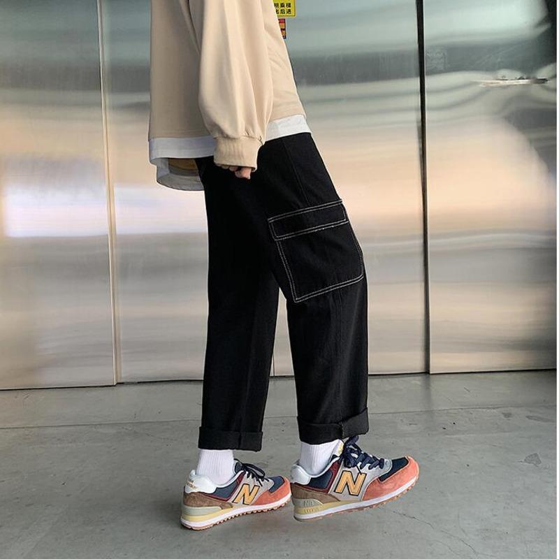 

Korean Wide-leg Jeans Men's Fashion Retro Casual Multi-pocket Cargo Jeans Men Streetwear Loose Hip-hop Straight Denim Pants Mens, Black