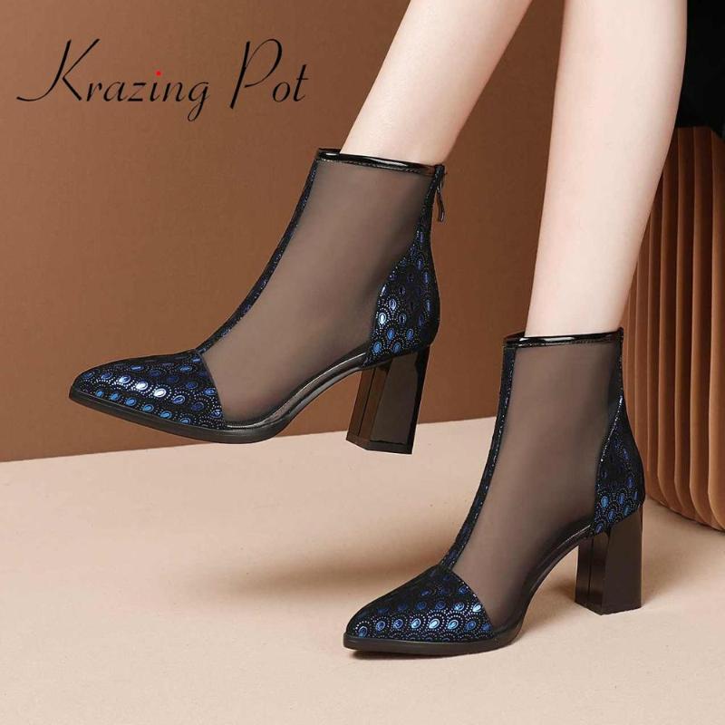 

krazing pot new high quality printing sheep leather air mesh high heel pointed toe sunscreen gentlewomen summer ankle boots L0f1, Black