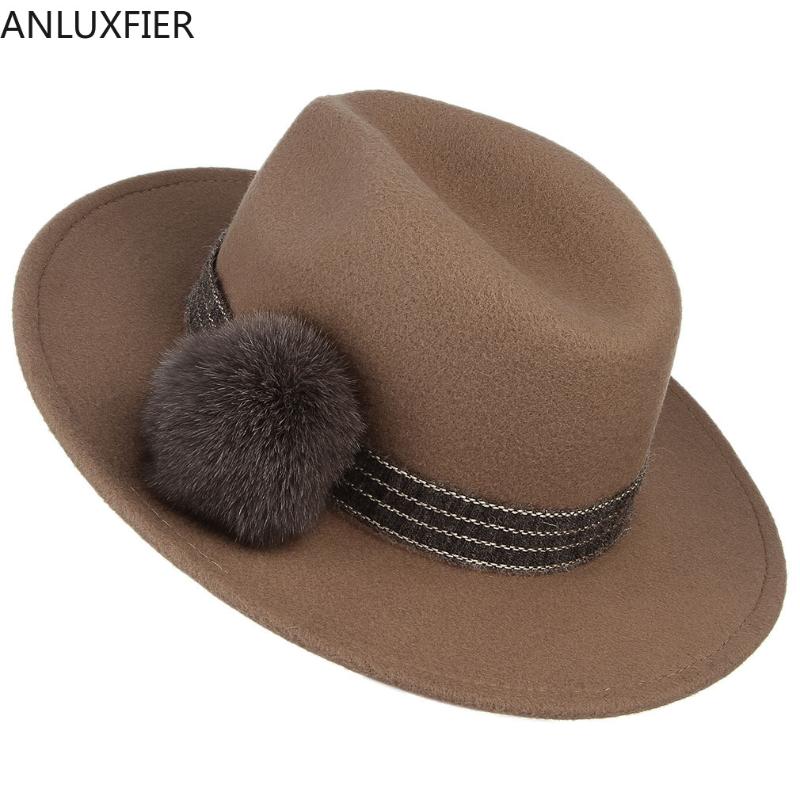 

H7196 Ladies Elegant Fedoras Hat Women European American Striped Hairball Decorated Fedora Cap Female Flat Eave Jazz Causal Hats, Camel