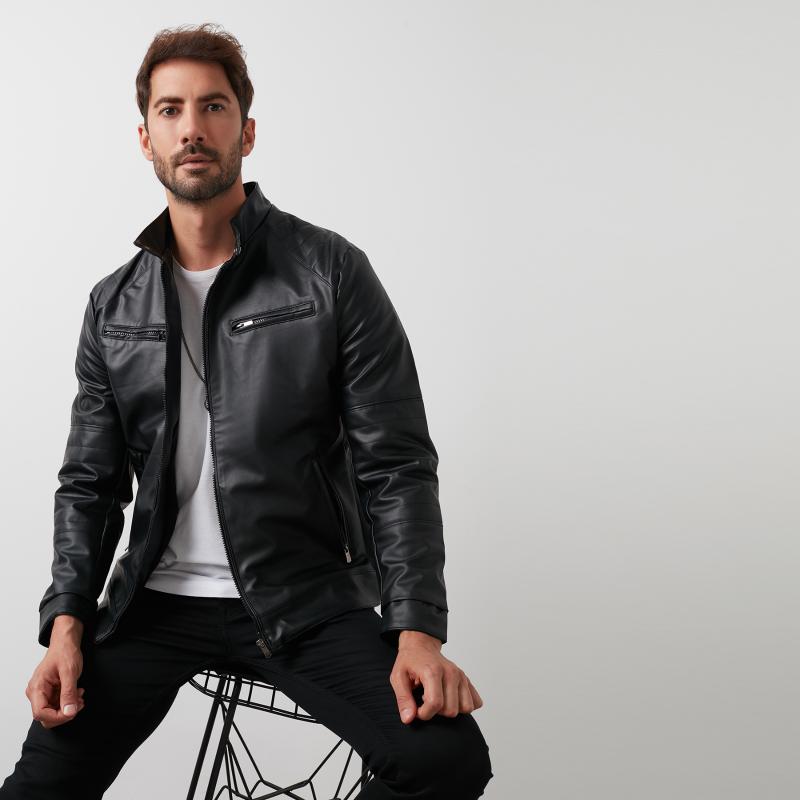 

Buratti Plush Lined Pockets Sheer Neckline Slim Fit Faux Leather Jacket MEN ' LEATHER JACKET 5841105, Black