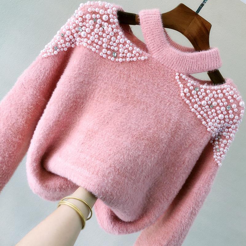 

heavy 2021 New female blouses with beads off shoulder pink mesh pullovers tops the hairy neck imitated mink jumper sueter mujer y518 ONS8, Creamy-white.