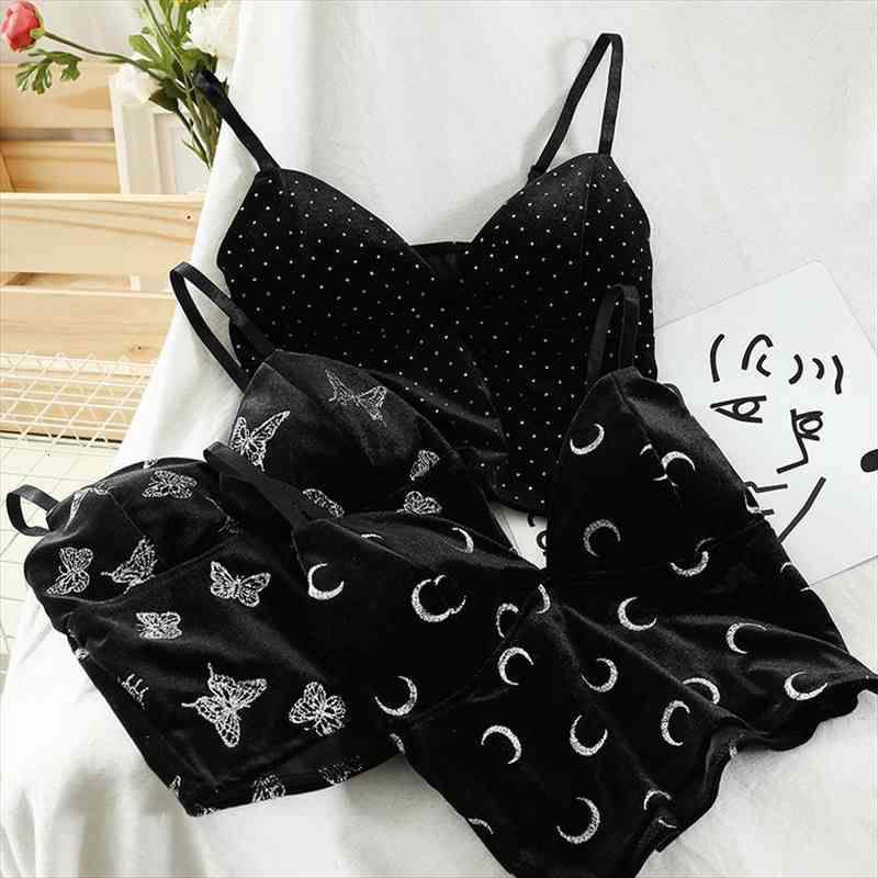 

summer velvet harajuku black moon printing camis streetwear fashion dew navel adjustable sling kawaii cool girl, White