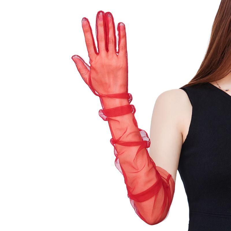 

Women Tulle Elbow Long Wedding Gloves Solid Color Sheer Vintage Opera Mittens