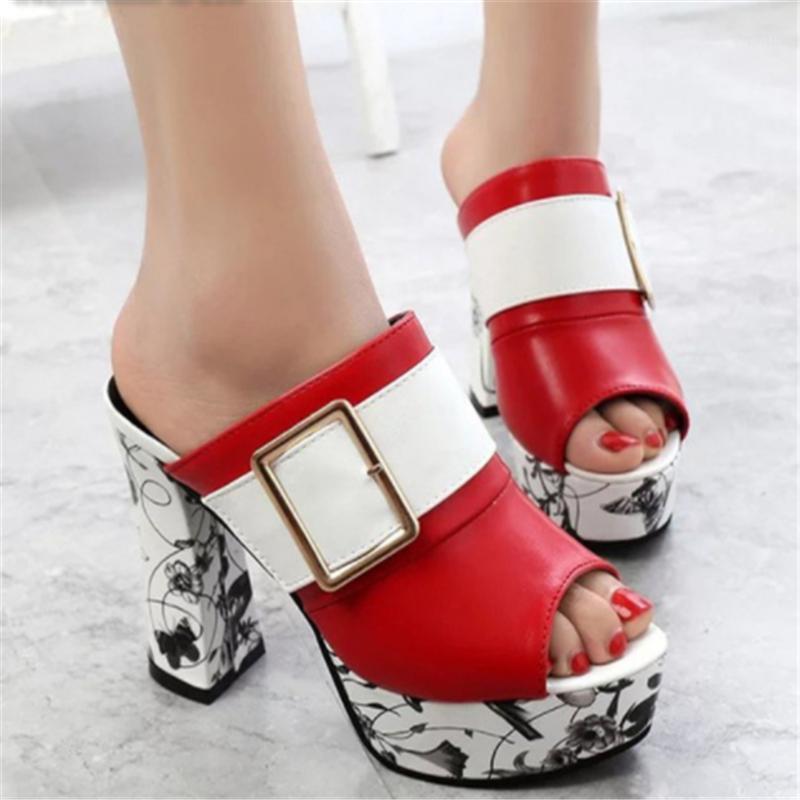 

Spring Women Leather High Heel Pumps Ladies Mules Ethnic Flower Floral Wedges Party Shoes Platform Open Toe Sandals Slipper1, White