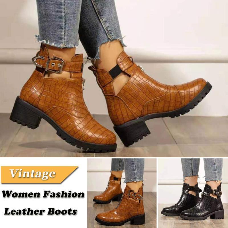 

Women Pu Leather Ankle Boots Autumn Winter Bucklet Vintage Women Punk Boots Flat Ladies Shoes Flat Short Snow Mujer#1, Brown