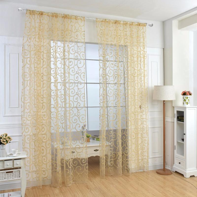 

Floral Flocking Double S Shaped Pattern Tulle Curtain House Decor Door Panel Sheer Scarf Window Curtain #229327, Black