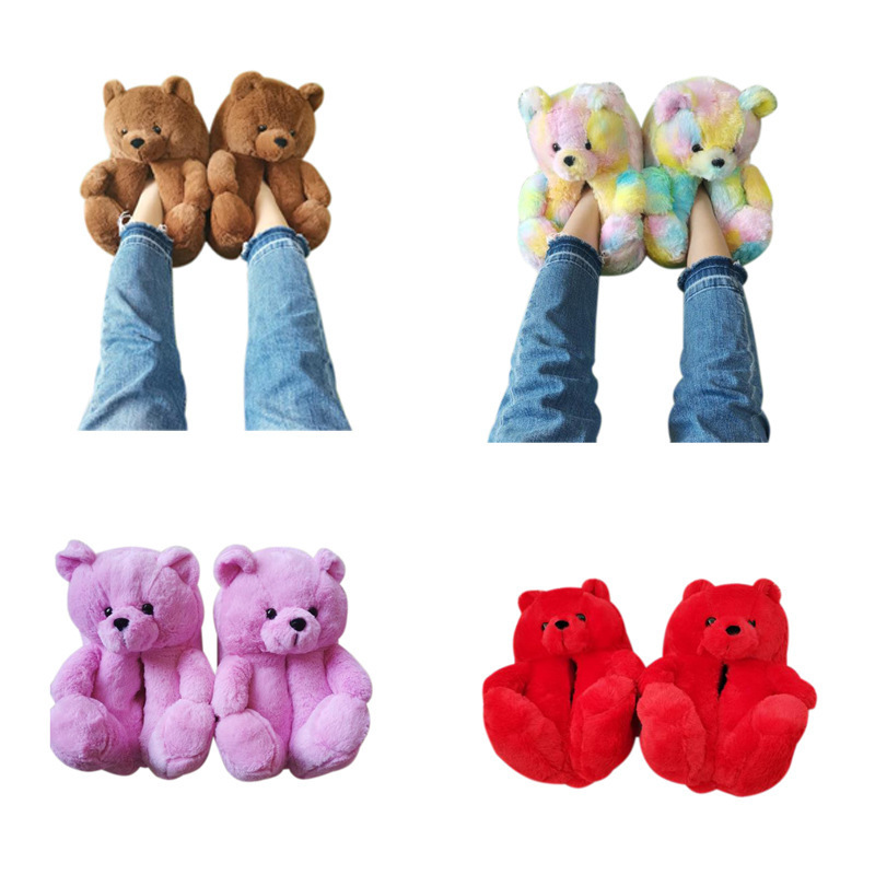 

Winter Warm House Shoes Women Bear Plush Slippers Anti-slip Soft Home Indoor Ladies Cute Cartoon Funny Kigurumi, Red